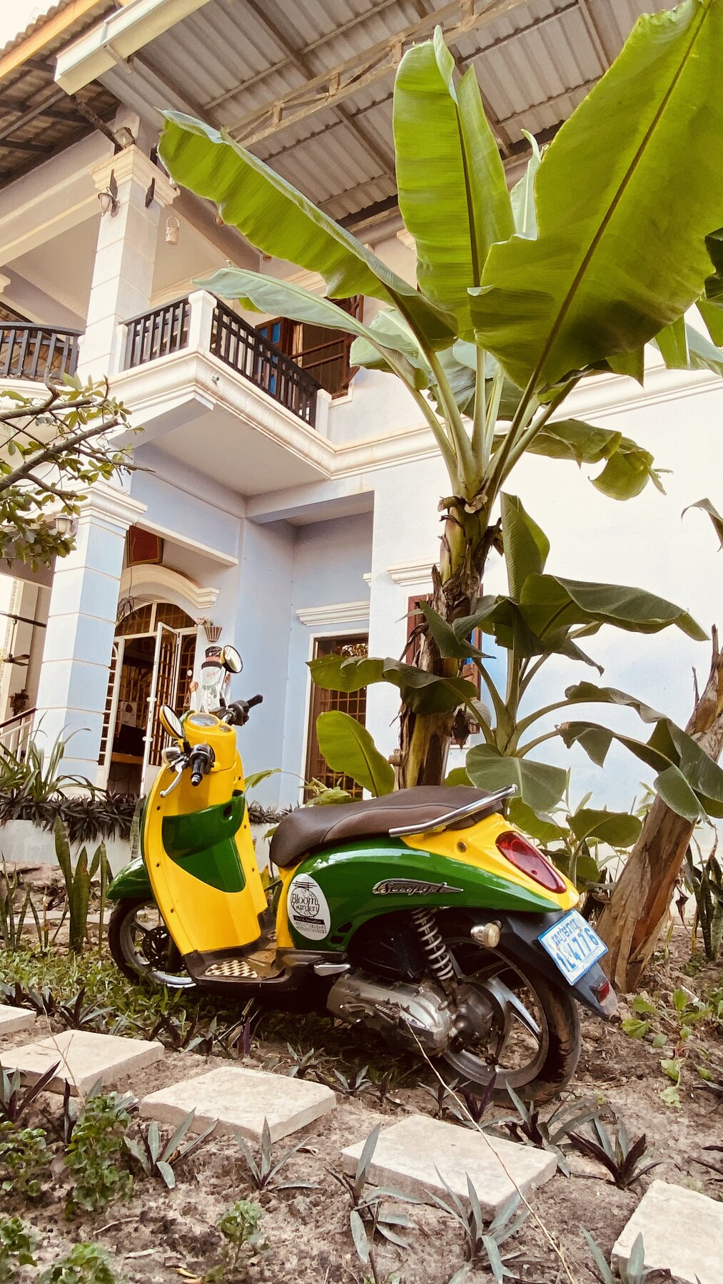 The Bloom Scooter parked in a tropical garden